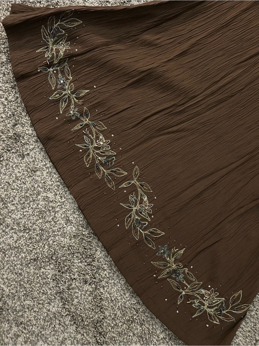Fairycore Brown Floral Hem A-Line Skirt with Green and Gold Embellishment - Picture 2 of 4